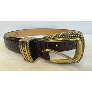 Vtg Brighton Brown‎ Snake Embossed Leather Belt Gold Silver Tone Buckle 4B708 XS